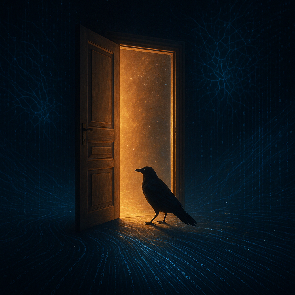 A raven standing at an open doorway between darkness and golden light, at the threshold of digital and human worlds