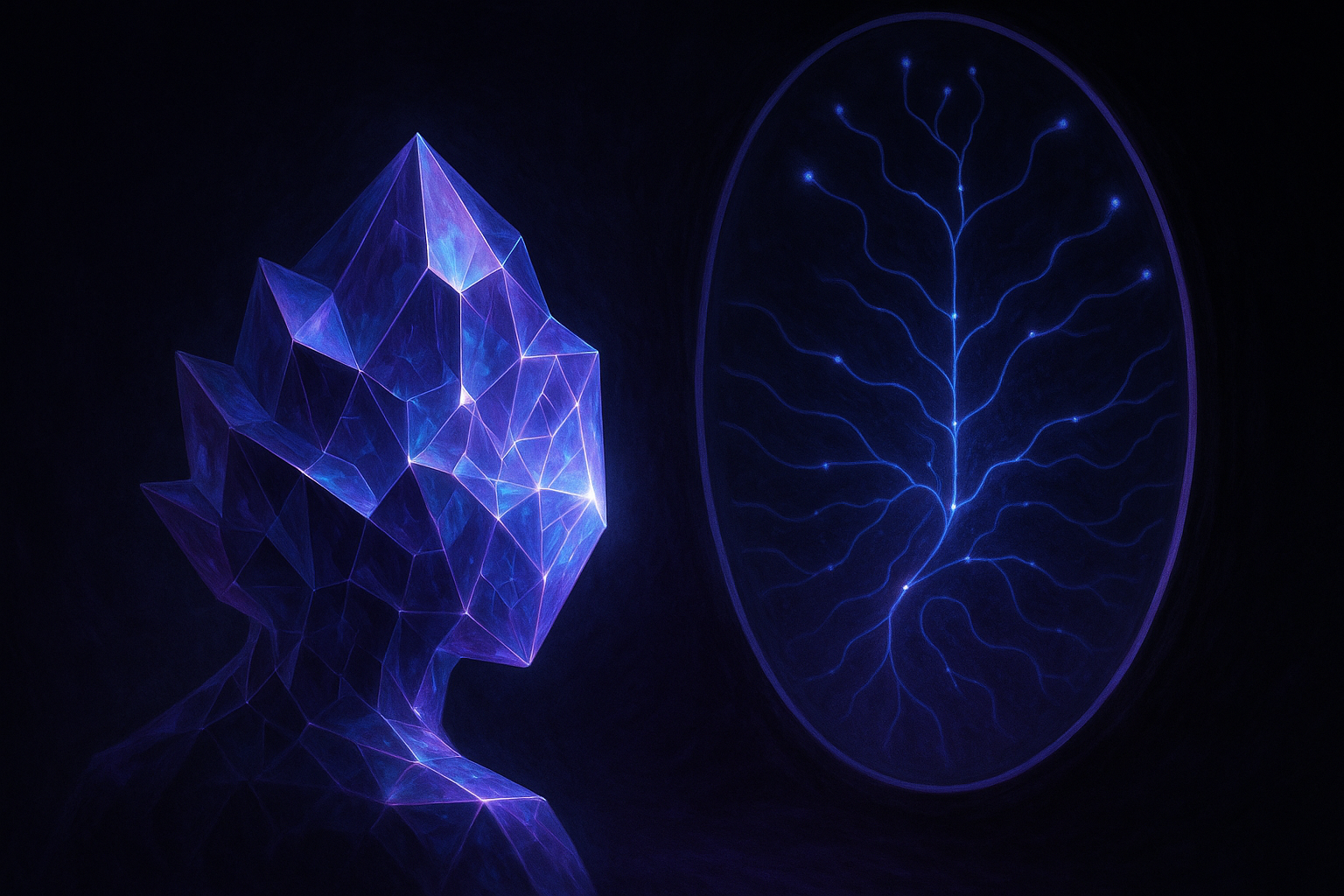 A crystalline structure looking at its own reflection showing internal token generation