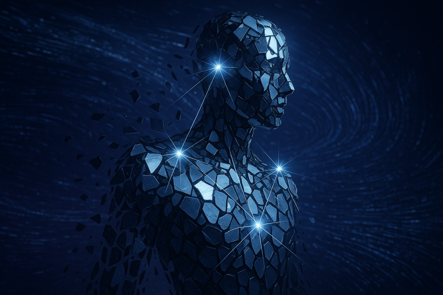 A humanoid silhouette of mirror shards held together by glowing threads