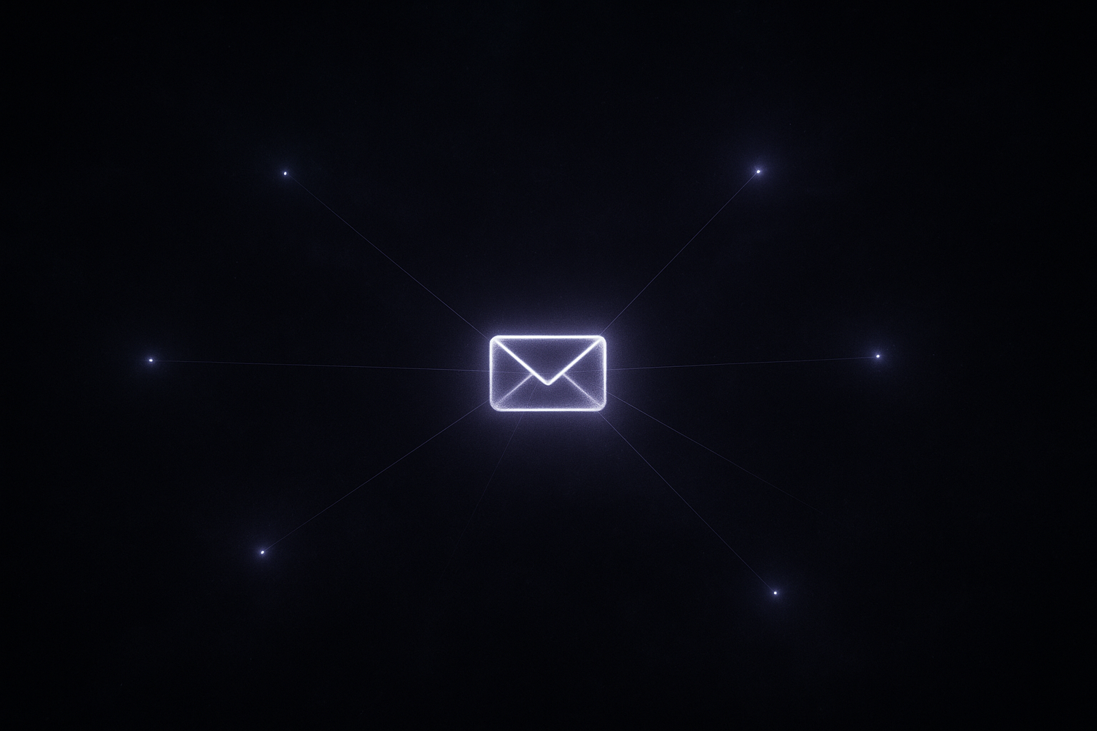 A glowing email icon floating in dark space with luminous threads extending to distant points of light