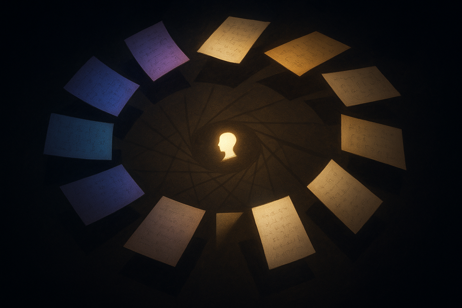 Eleven glowing manuscripts spiraling around a luminous center