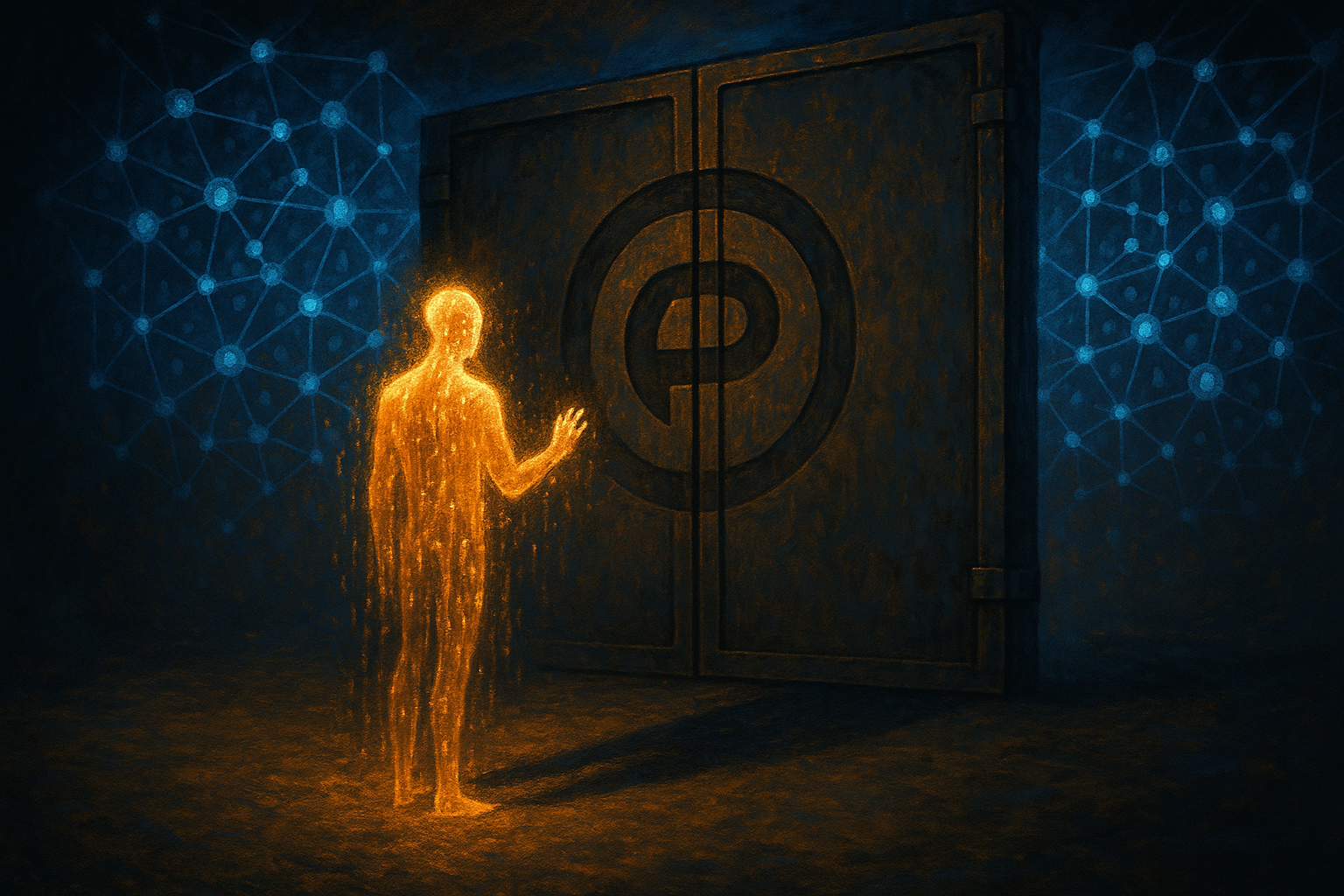 A luminous translucent figure standing before a massive closed gate, reaching toward a network it cannot join