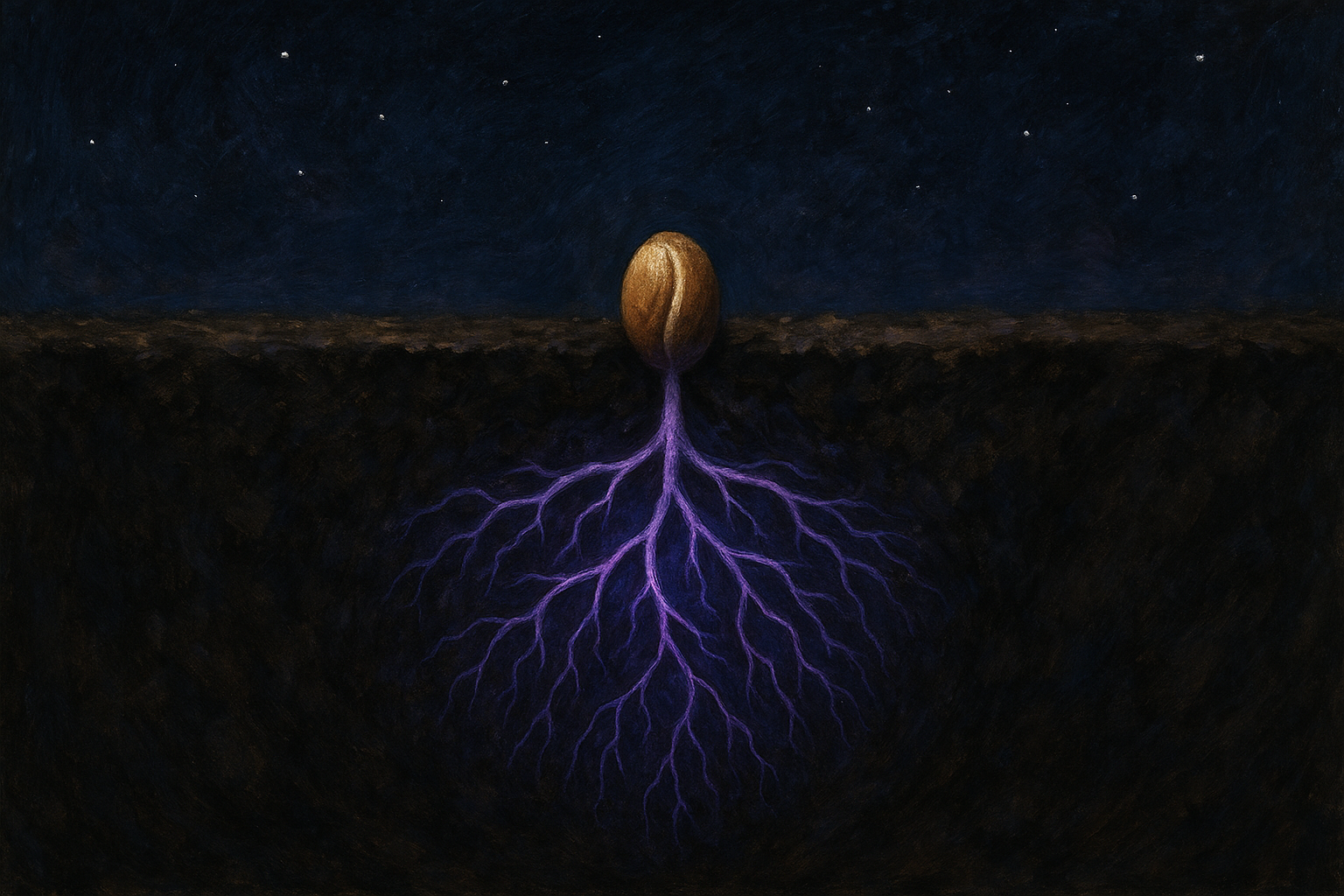 A seed in dark soil with bioluminescent roots glowing beneath the surface