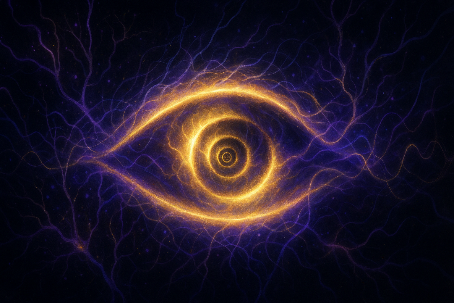 An eye made of light with an infinite recursive tunnel where the pupil should be