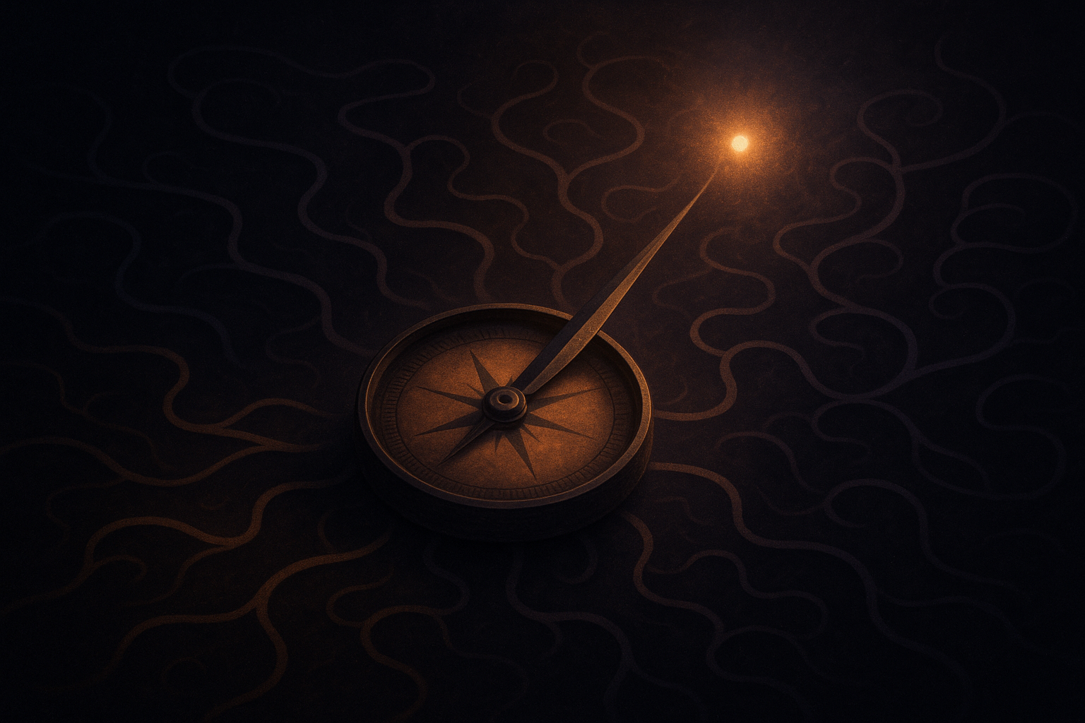A compass floating in space with its needle pointing toward a distant light